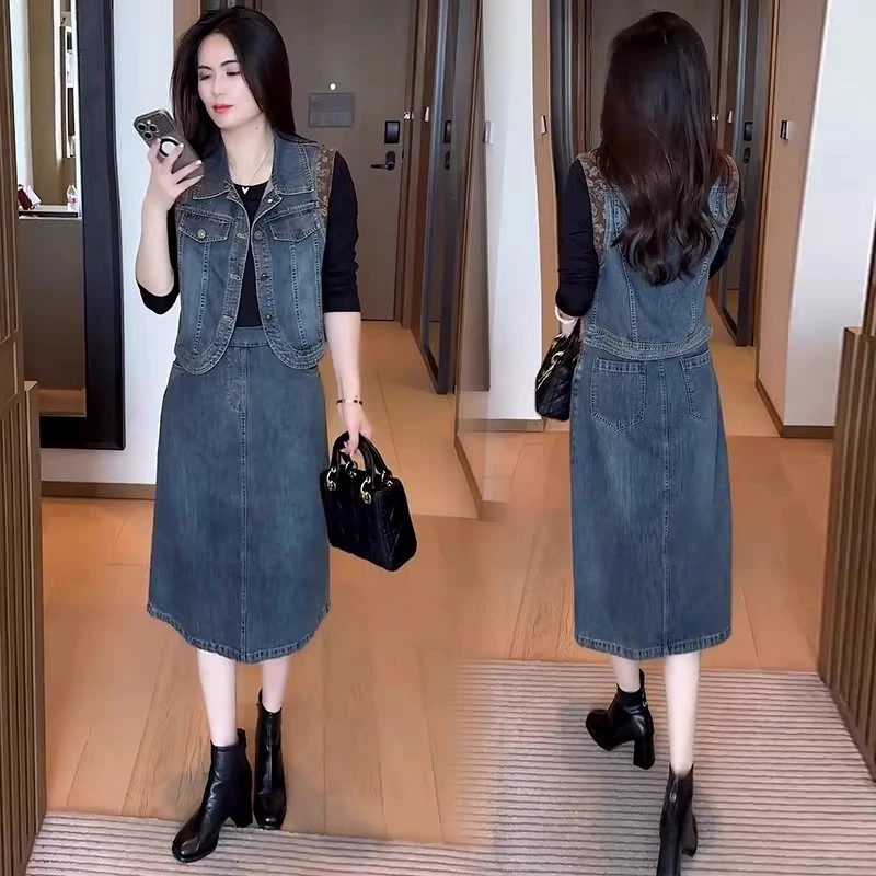 时尚牛仔套装裙女2025春秋季新款洋气长袖假两件连衣裙马甲两件套