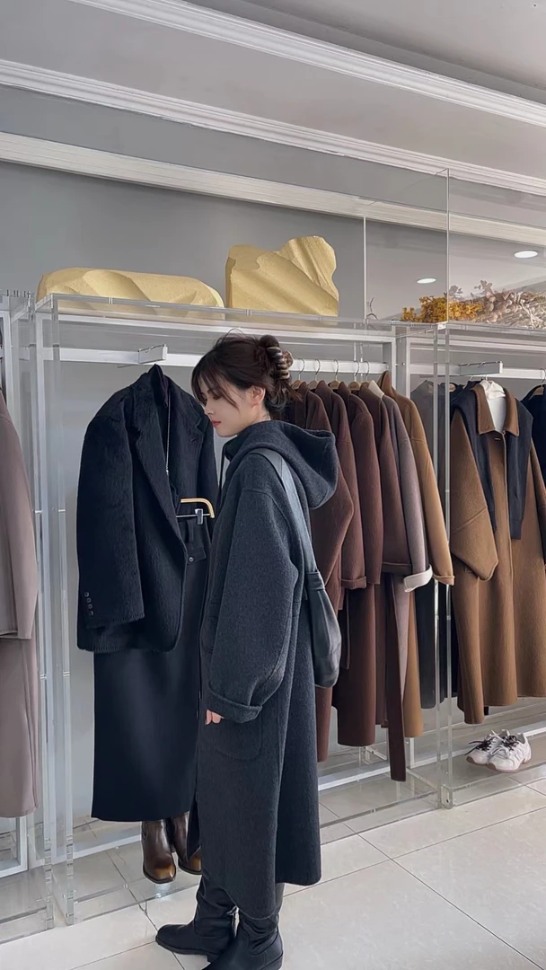 【W•Z】“减龄”连帽抽绳收腰宽松慵懒韩版加厚中长款气质大衣