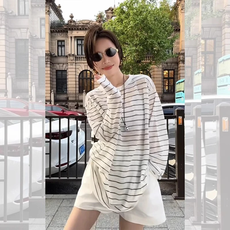 外搭冰丝微透条纹天丝防晒长袖t恤女夏季薄纱小个子宽松罩衫上衣