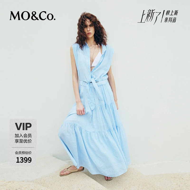 MOCO夏季高腰裂口绑带苎麻棉混纺衬衫长裙连衣裙MBD2DRSK02