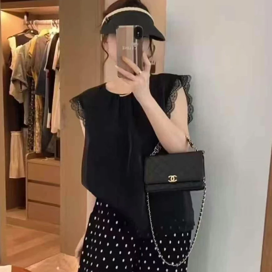 容容定制 法式拼接风琴压褶甜美减龄夏季无袖衬衫女时尚小衫701