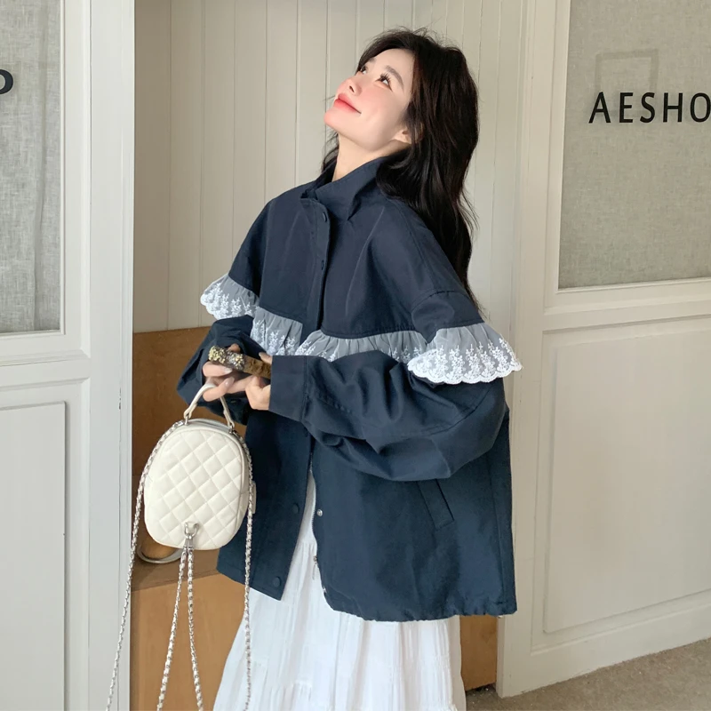 藏青色蕾丝花边设计感外套女2025年春秋新款韩系宽松百搭夹克上衣