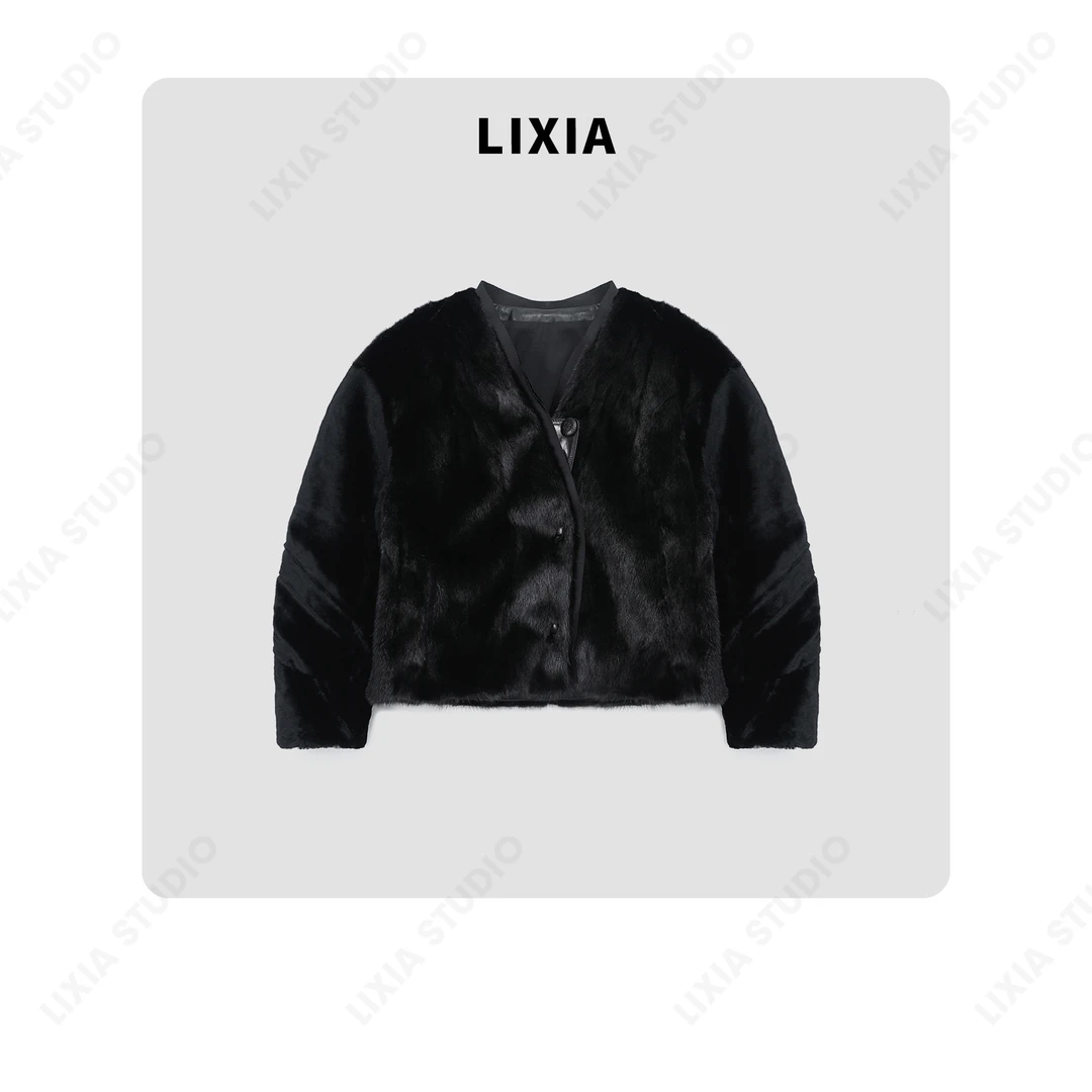 LIXIA【自成焦点】轻奢款羊皮拼水貂皮毛一体皮草外套-A8310