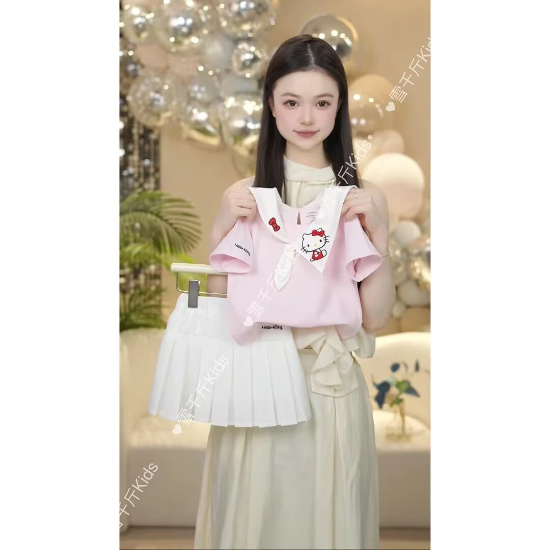 【MM】2025新款女童时尚休闲夏季洋气海军领套装女孩子甜美两件套