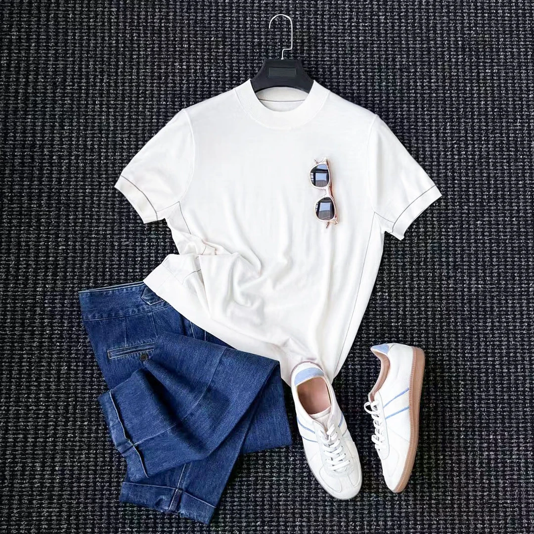 CssuGent那不勒斯夏季皇后超细绵羊毛针织圆领短袖毛衣男休闲T恤