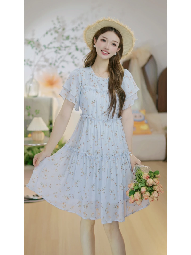 【柔雾初恋U】法式蓝色碎花连衣裙显瘦宽松洋气漂亮中长裙