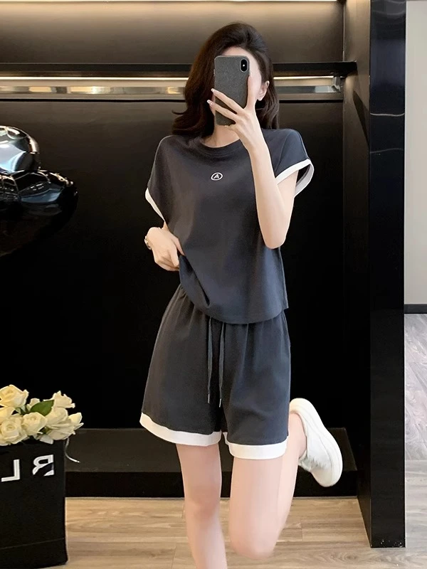 Z休闲撞色短袖运动套装女夏新款时尚洋气减龄宽松显瘦短裤两件套