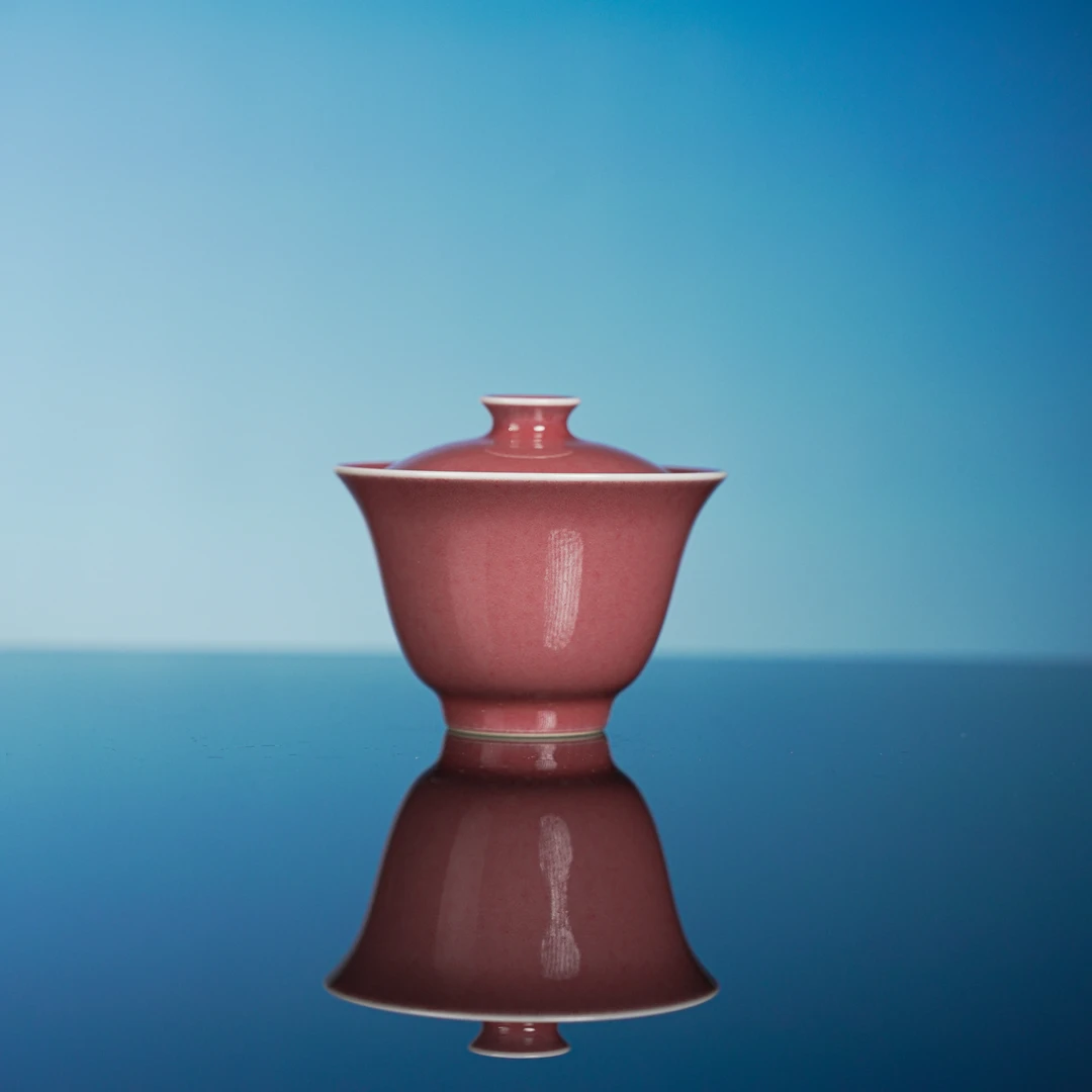 茶也清心 豇豆红 铃铛盖碗 手工 陶瓷 色釉 纯色 防烫