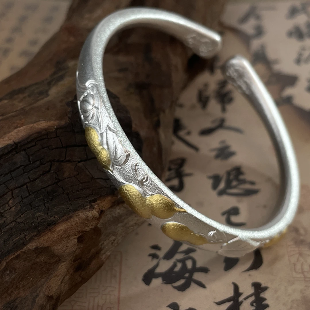 足银手镯 葫韵手镯美开乐足银999素款复古风磨砂实心百搭时尚