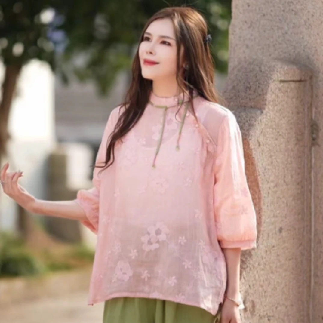 5308夏季立领长袖刺绣花朵V领衬衫外套中式印花女装休闲时尚