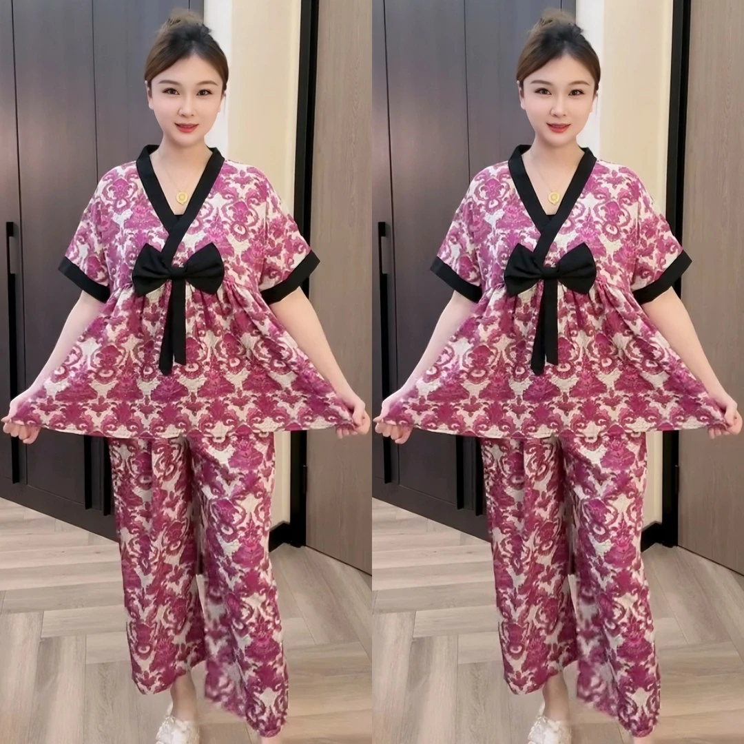 网红爆款蝴蝶结宽松大码睡衣女套装春秋冰雪丝时尚洋气家居服外穿
