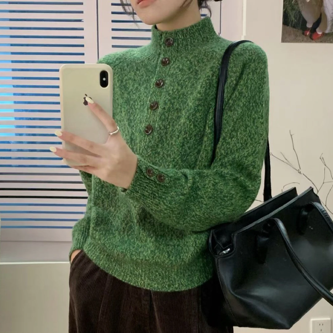 衫网红提花可机洗卷边开衫女针织半高领气质