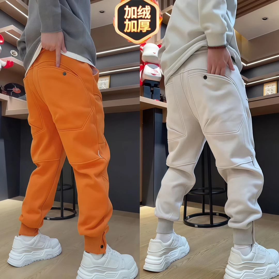 冬季加绒加厚按扣束脚休闲裤男时尚潮流立体拼接宽松运动百搭卫裤