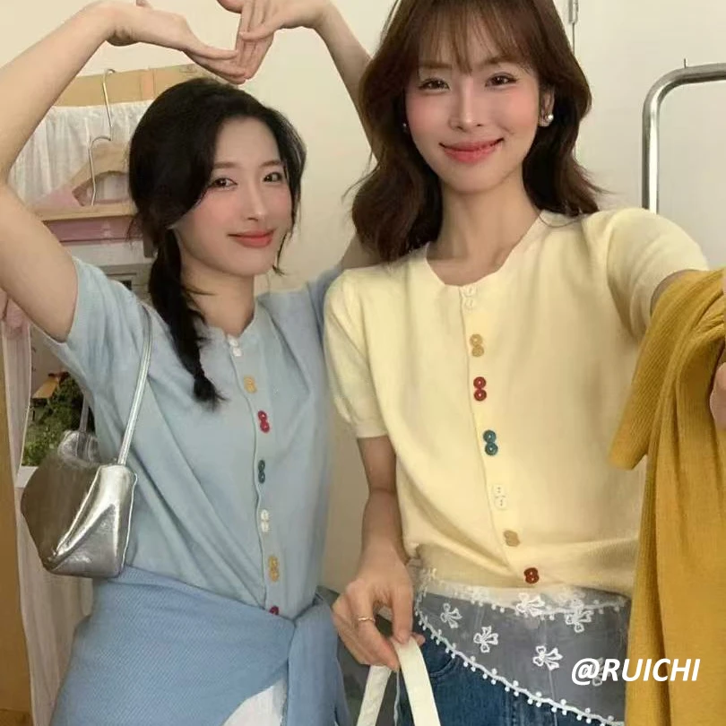 韩系少女氛围感~百搭时尚2025新款清新文艺范儿针织开衫短袖上衣