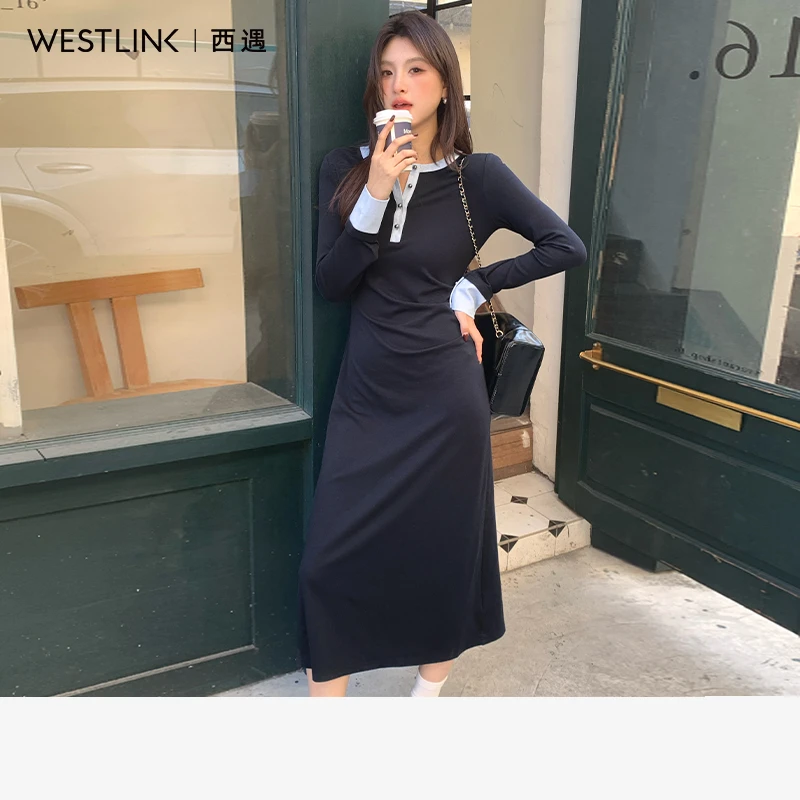 MIU系学院风气质拼色设计感收腰针织连衣裙2025春季新款修身长裙