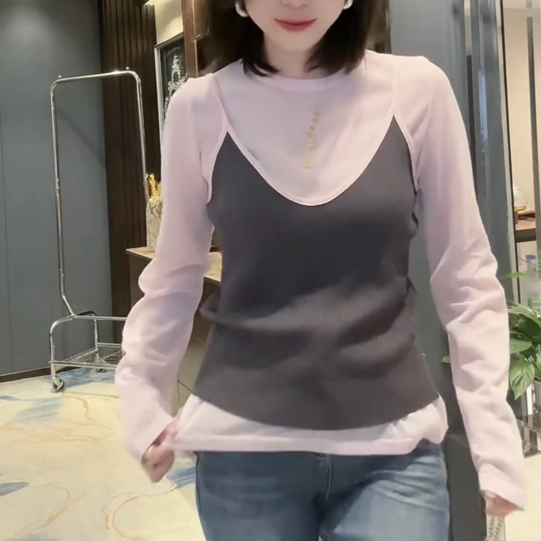 5056气质粉色打底长袖小衫加吊带两件套时尚百搭休闲女春夏新款