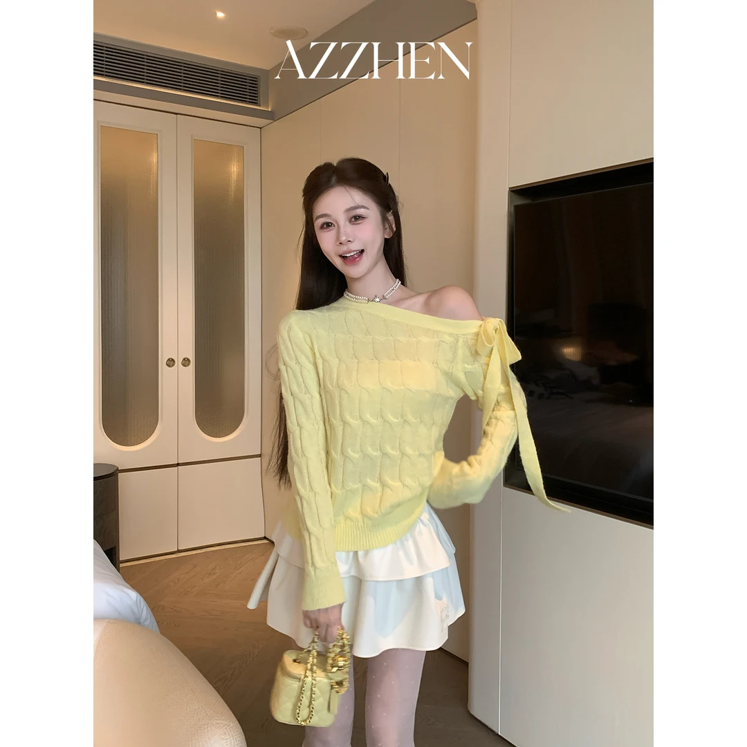 (假日穿搭)AZZHEN【奶黄甜心】斜肩绑带毛衣AZ4KBT41-00