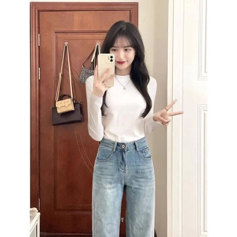 纯欲辣妹正肩长袖打底衫T恤女秋冬圆领设计修身显瘦百搭白色上衣
