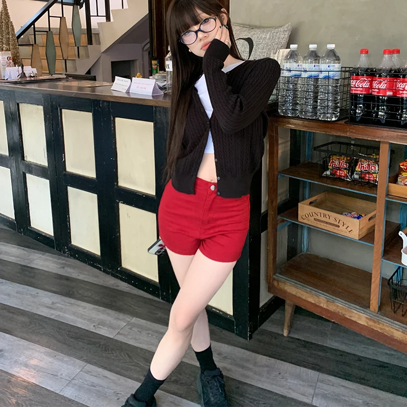 美式高街辣妹红色牛仔超短裤女夏季2024新款高腰显瘦紧身跳舞热裤