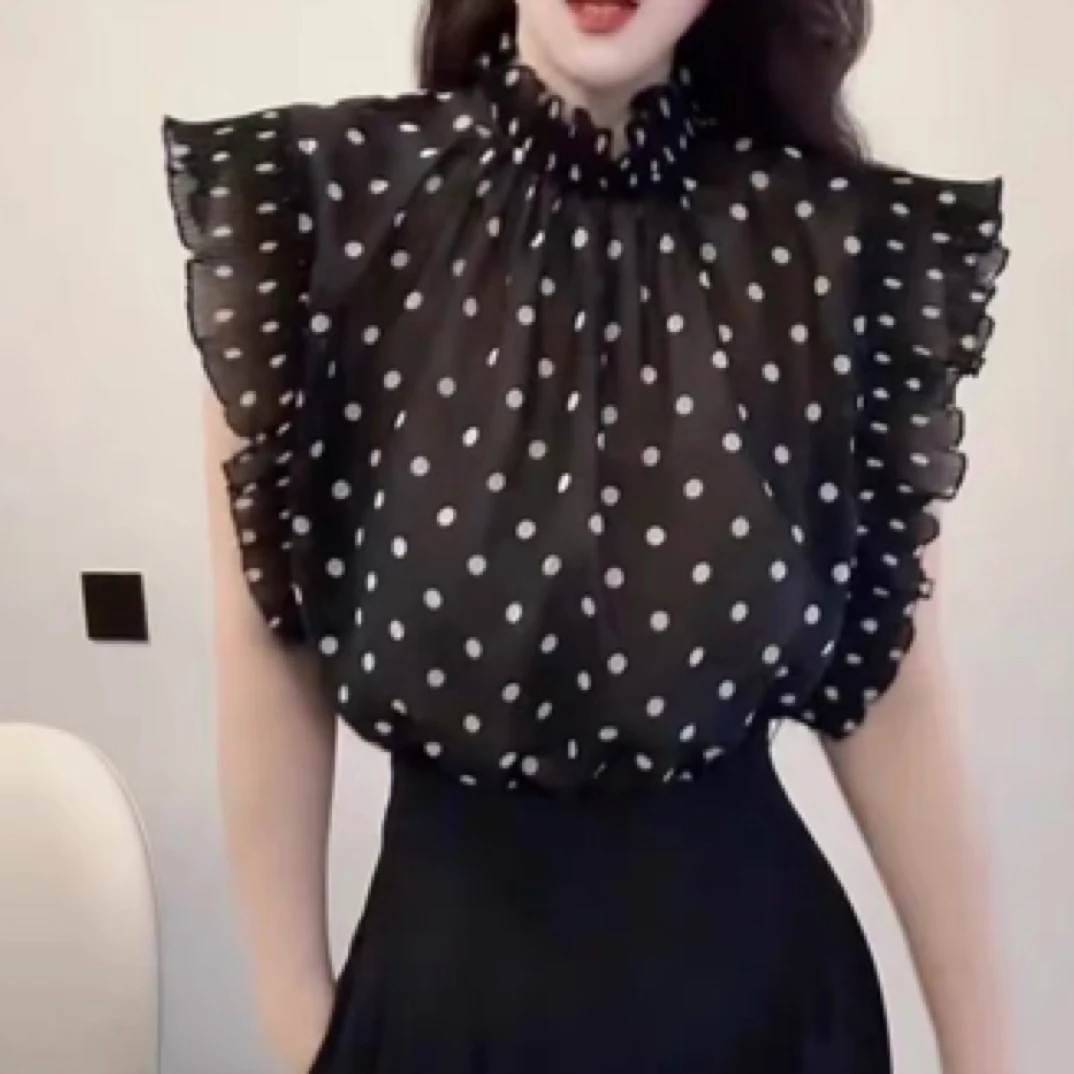 YANGYANG 优雅波点百搭通勤气质显瘦乔其纱无袖罩衫#235