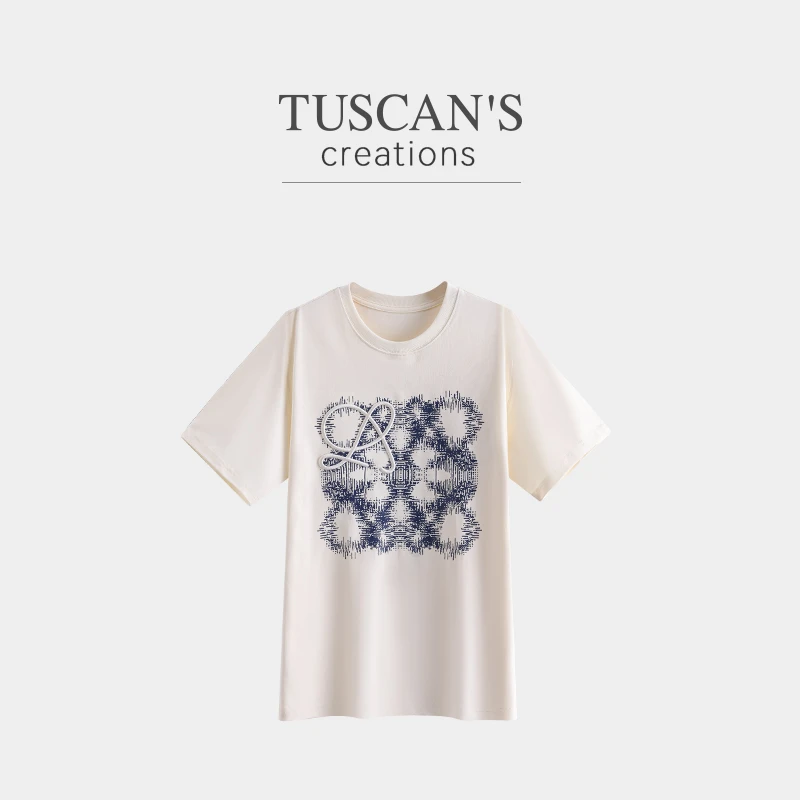 TUSCAN'S CREATIONS夏季休闲女士印花宽松纯棉T恤圆领百搭短袖