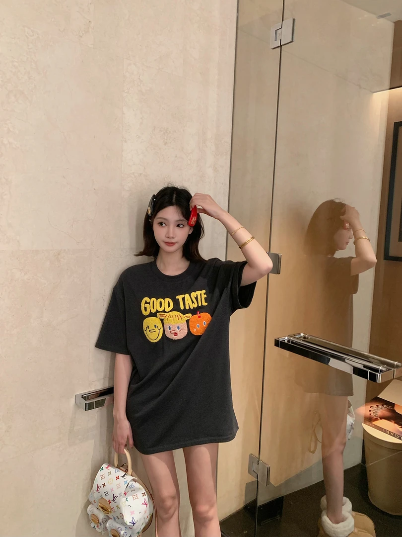 赵辰晨卡通毛巾绣短袖T恤女2025新款设计感减龄宽松休闲内搭上衣