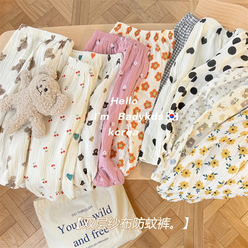 儿童韩版棉纱防蚊裤2025夏季新款男女童宝宝双层纱布休闲透气长裤