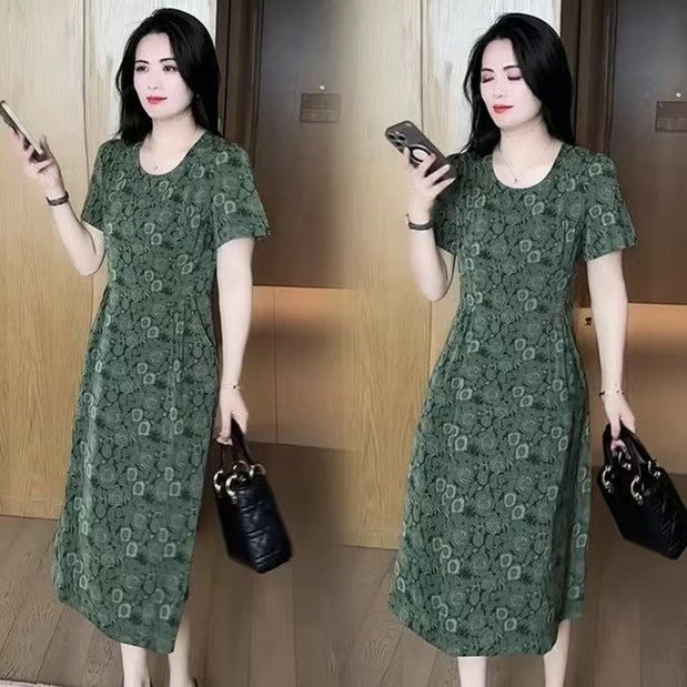 夏季气质时尚长裙中长款碎花收腰垂感五分袖连衣裙大码显瘦洋气