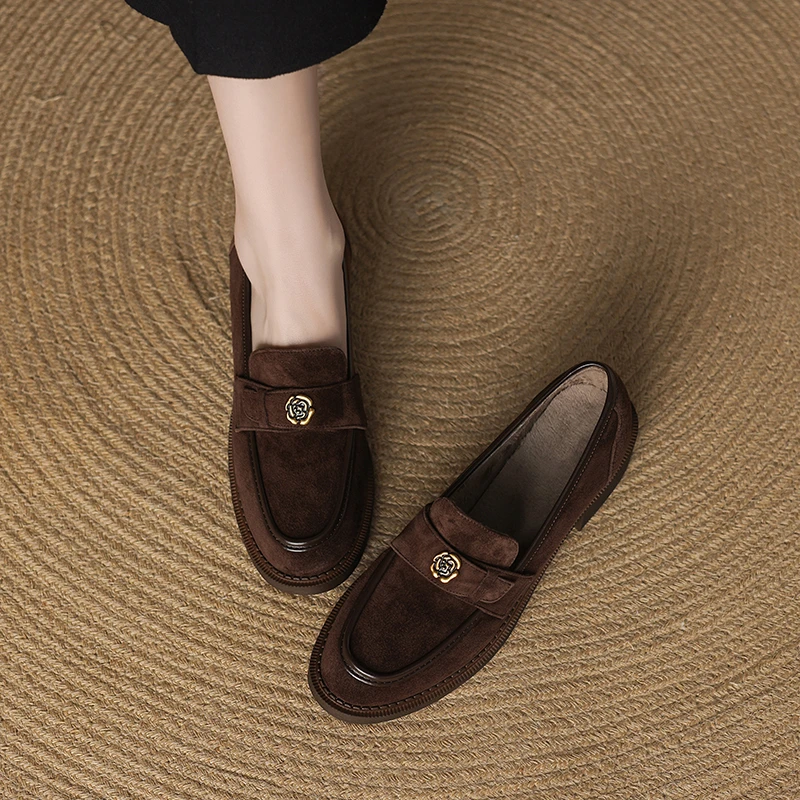 4cm[34-40]复古真皮加绒乐福鞋女冬季圆头jk小皮鞋英伦风粗跟单鞋