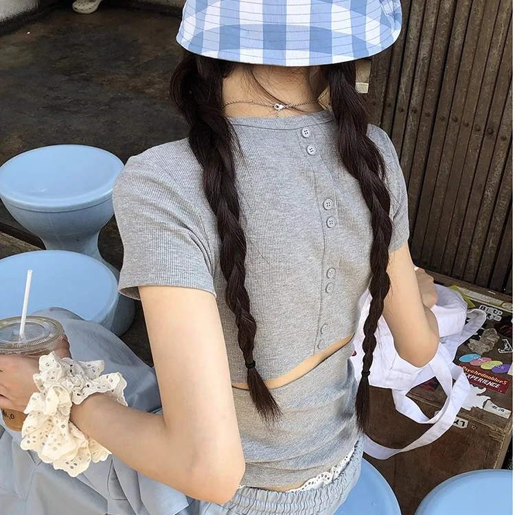 夏季新款纯欲风性感辣妹正肩短袖T恤后背镂空小众气质百搭女上衣