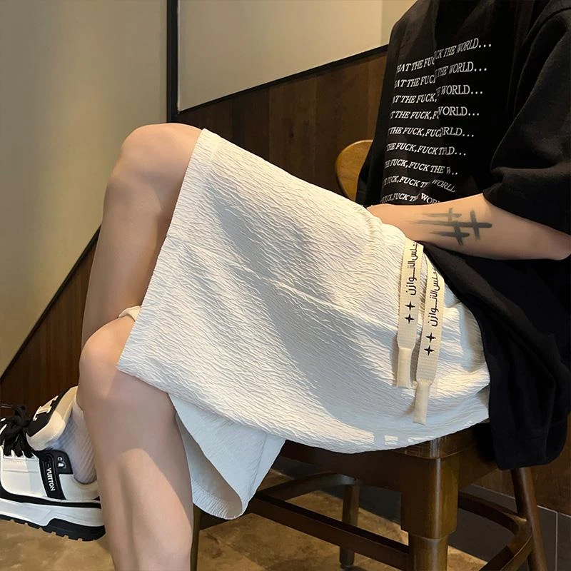 潮流痞帅裤子男夏季薄款褶皱高级感阔腿裤宽松直筒垂感五分休闲裤