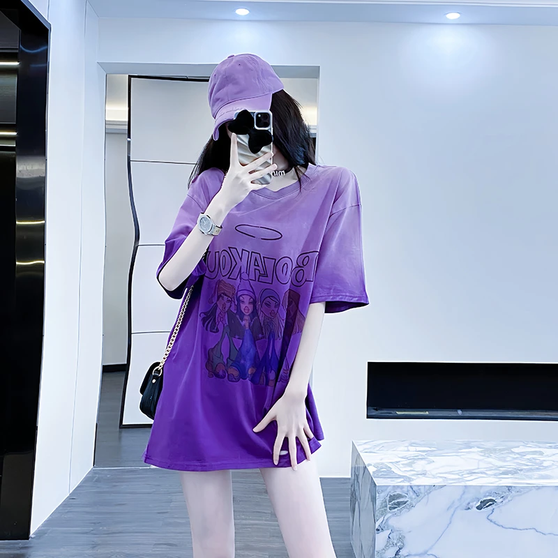 紫色短袖t恤女2025夏季新款kmj宽松复古高级设计感小众半袖上衣