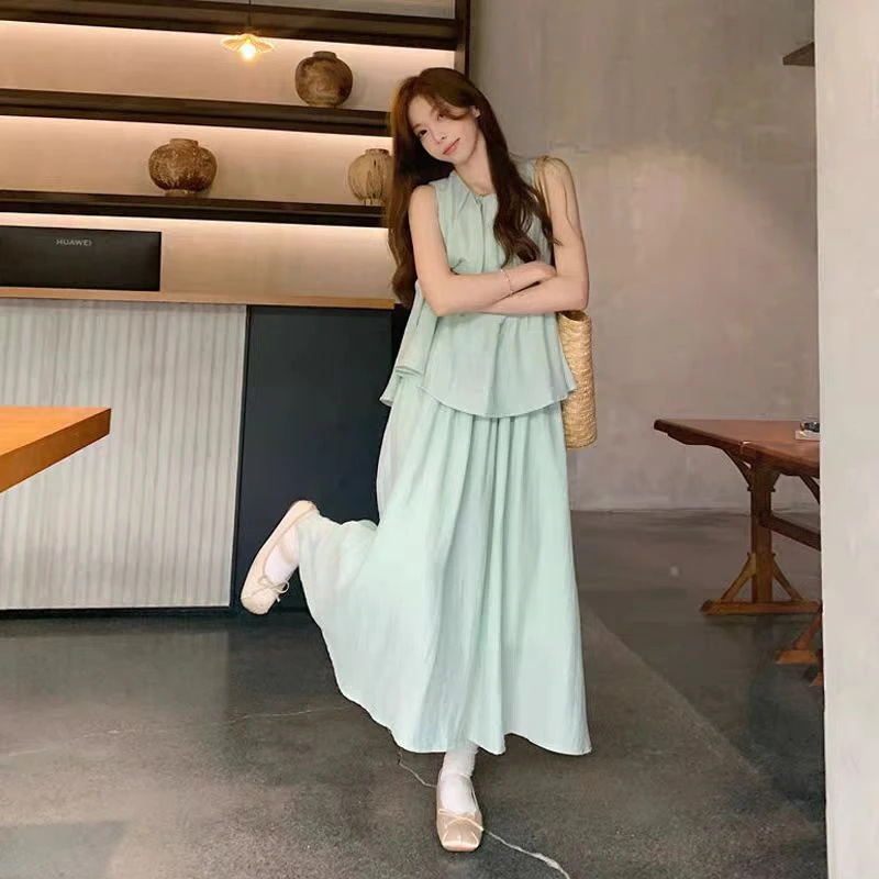 BSS59017 薄荷绿无袖上衣+半身长裙  024