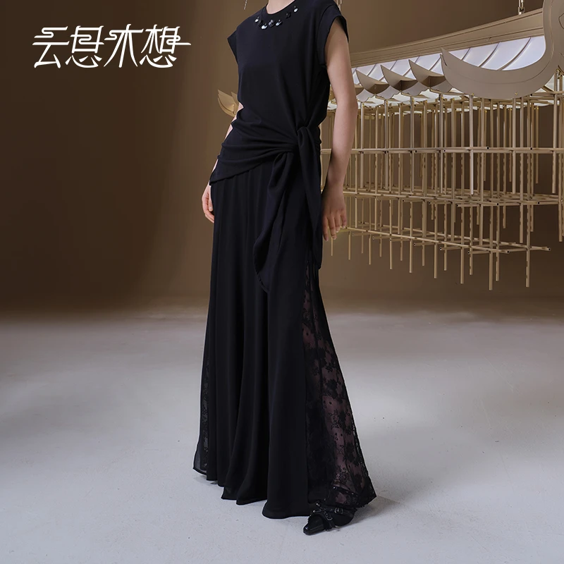 Ysimo-X云思木想 飞花落纱 雪纺拼接蕾丝后腰橡筋时尚休闲裤12857
