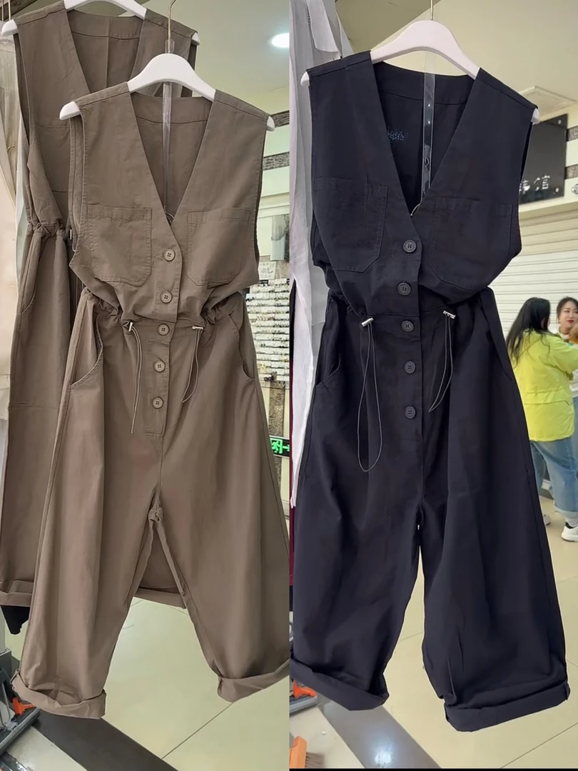 女森说夏季新款透气V领无袖连体裤减龄宽松显瘦抽绳收腰阔腿裤