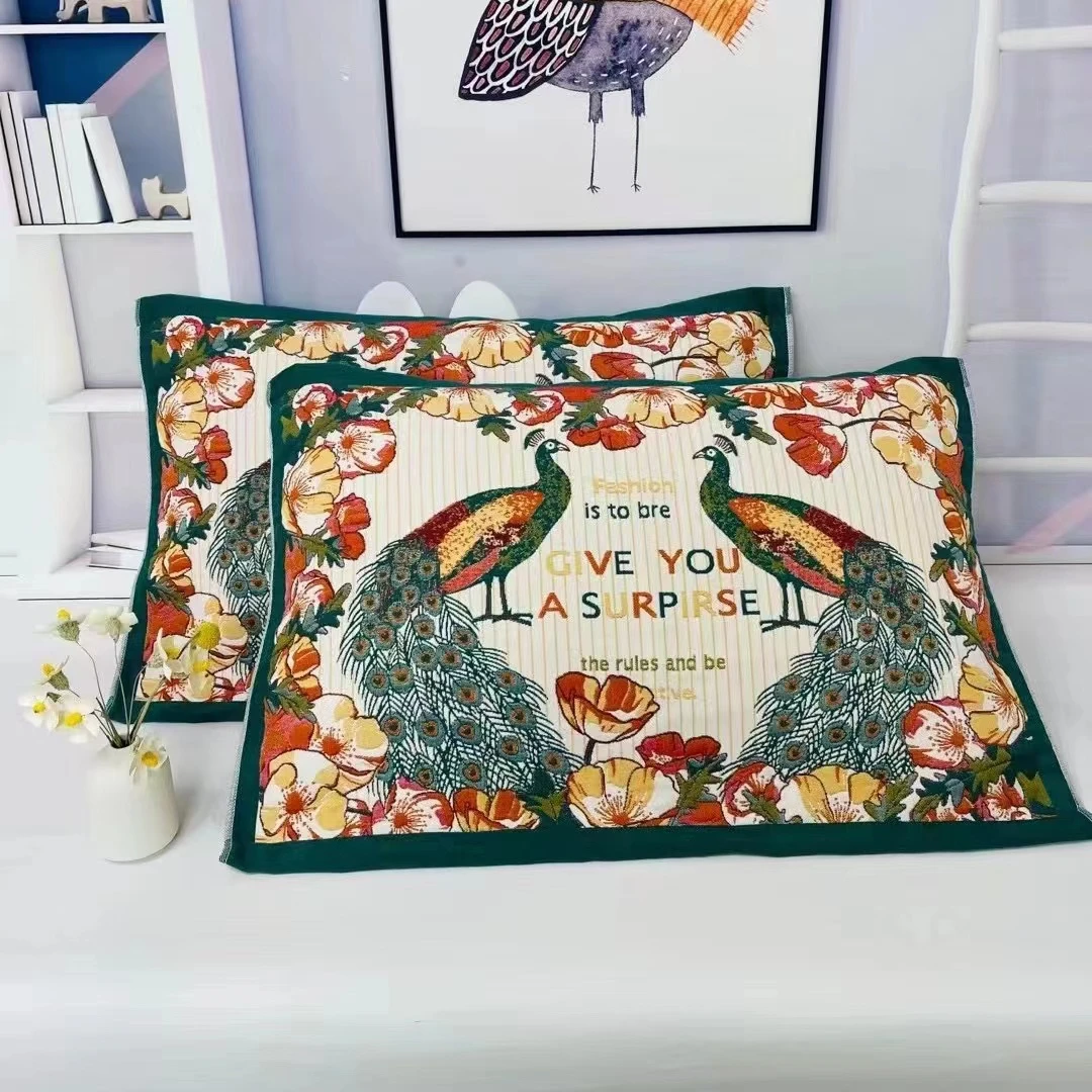 【孔雀 枕巾】52x78厘米 多层纯棉纱布成人加厚四季枕巾一对