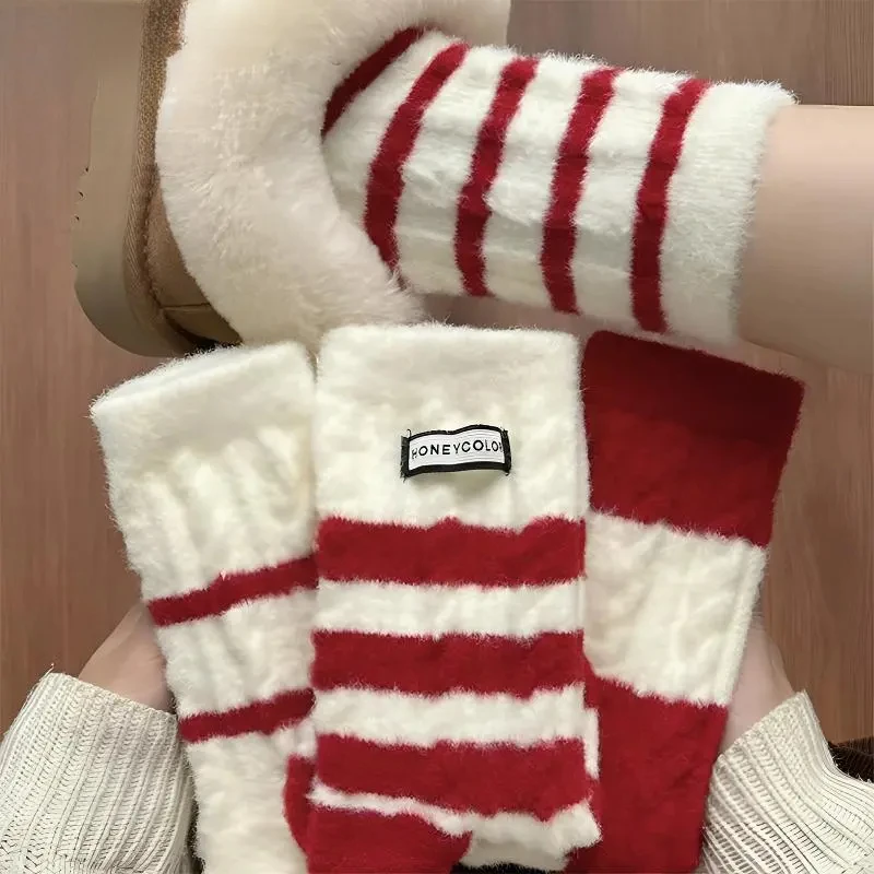 新款红色袜子女本命年蛇年秋冬季加绒加厚保暖地板袜中筒睡眠袜xm