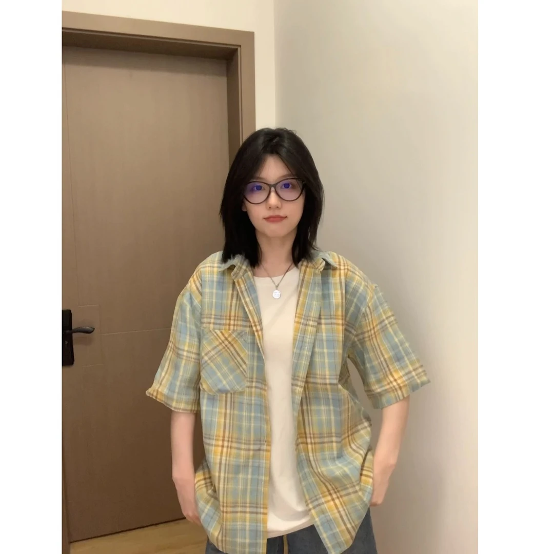 学生爆款短袖衬衫男夏季新款磨毛格子衬衣时尚休闲百搭复古宽松