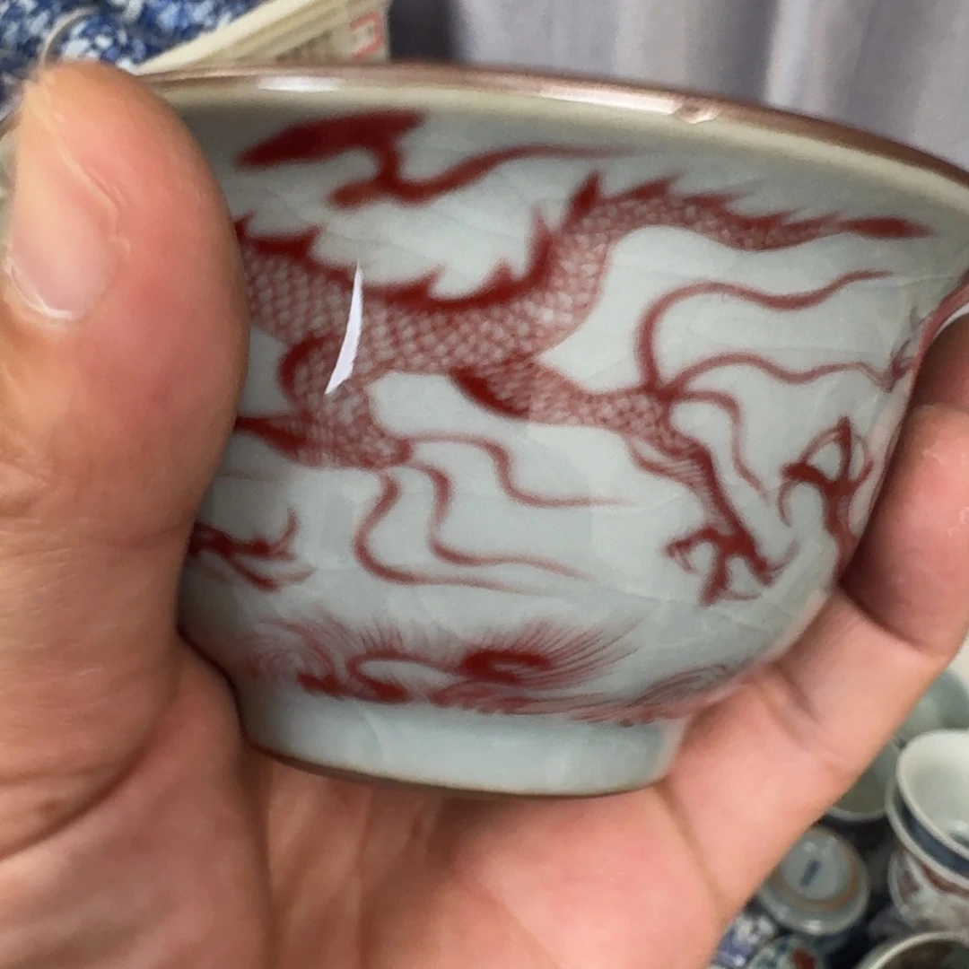 杯老陶泥釉里红穿云龙大压手
