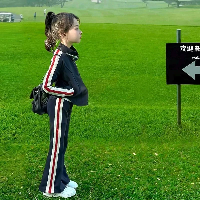 2025新款童装女童套装春秋儿童运动外套休闲裤子网红条纹两件套潮