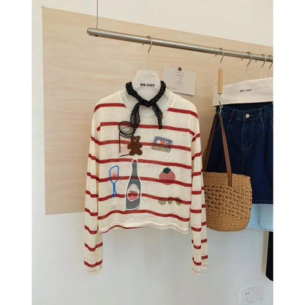 3664韩系卡通印花透气防晒圆领休闲宽松百搭长袖条纹撞色T恤