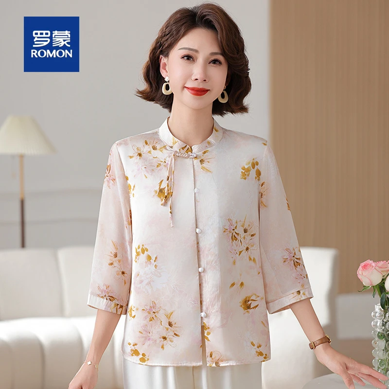 罗蒙中年妈妈夏装雪纺衬衫套装女气质中老年中式国风小衫两件套女