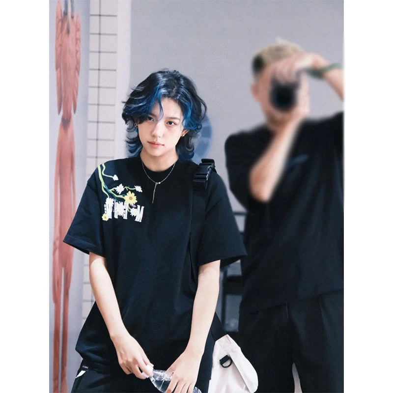 国潮美式潮牌小菊花刺绣短袖2025春夏季oversize纯棉情侣宽松上衣