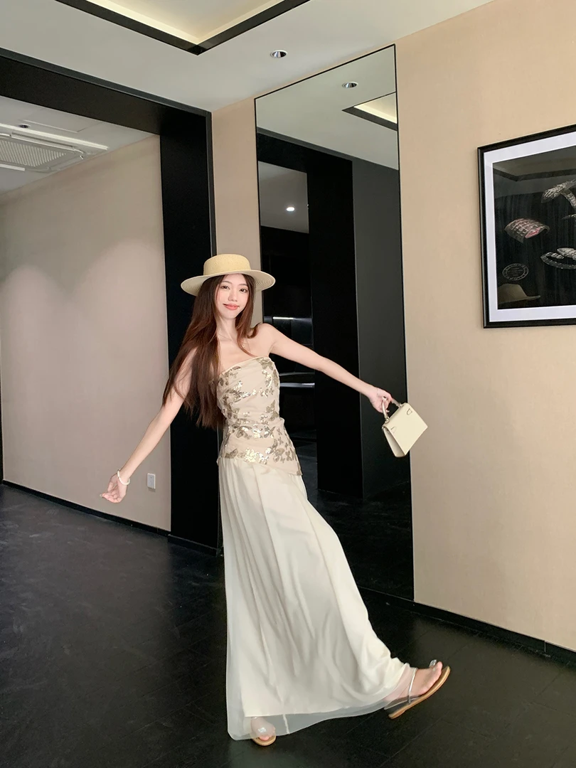 夏日穿搭纯欲辣妹风抹胸亮片上衣女装高级感网纱半身裙时尚套装裙