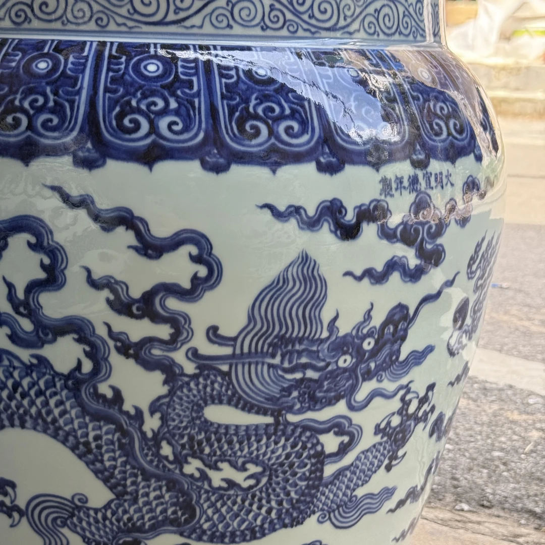 仿明宣德大龙缸52x52 鱼缸聚财缸风水缸 手绘青花纯手工拉胚制作
