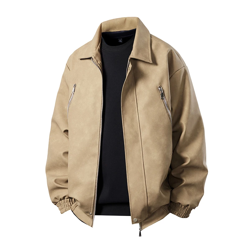 美式复古机车皮衣男士翻领休闲外套春秋季痞帅潮流夹克上衣