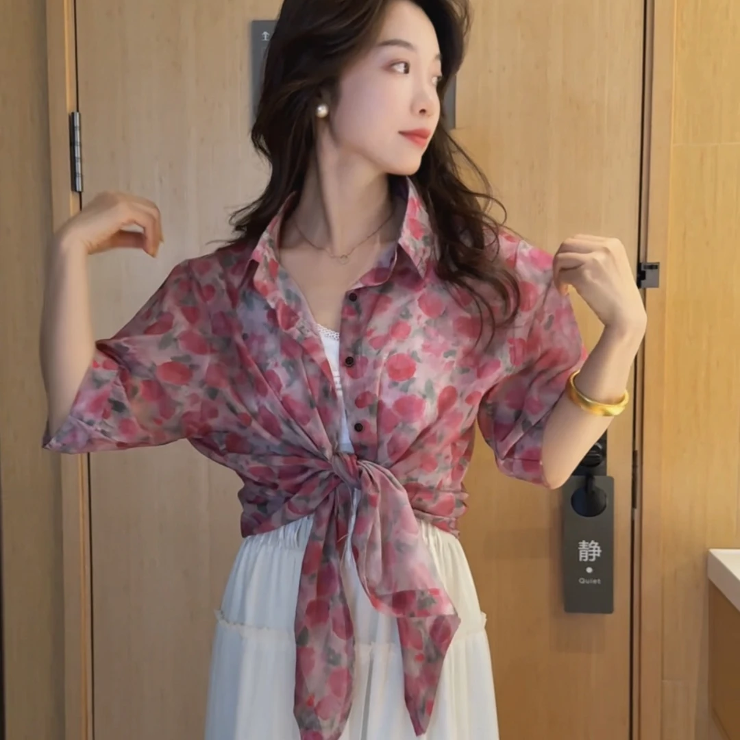 夏季新款轻薄透气系带衬衫衬衣女设计感港风印花短袖开衫防晒外套