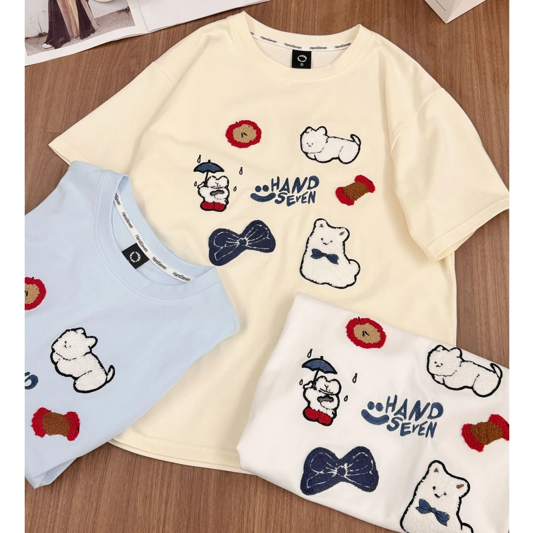 HandSeven小狗毛巾绣宽松短袖学生党可爱风洋气t恤春游夏季