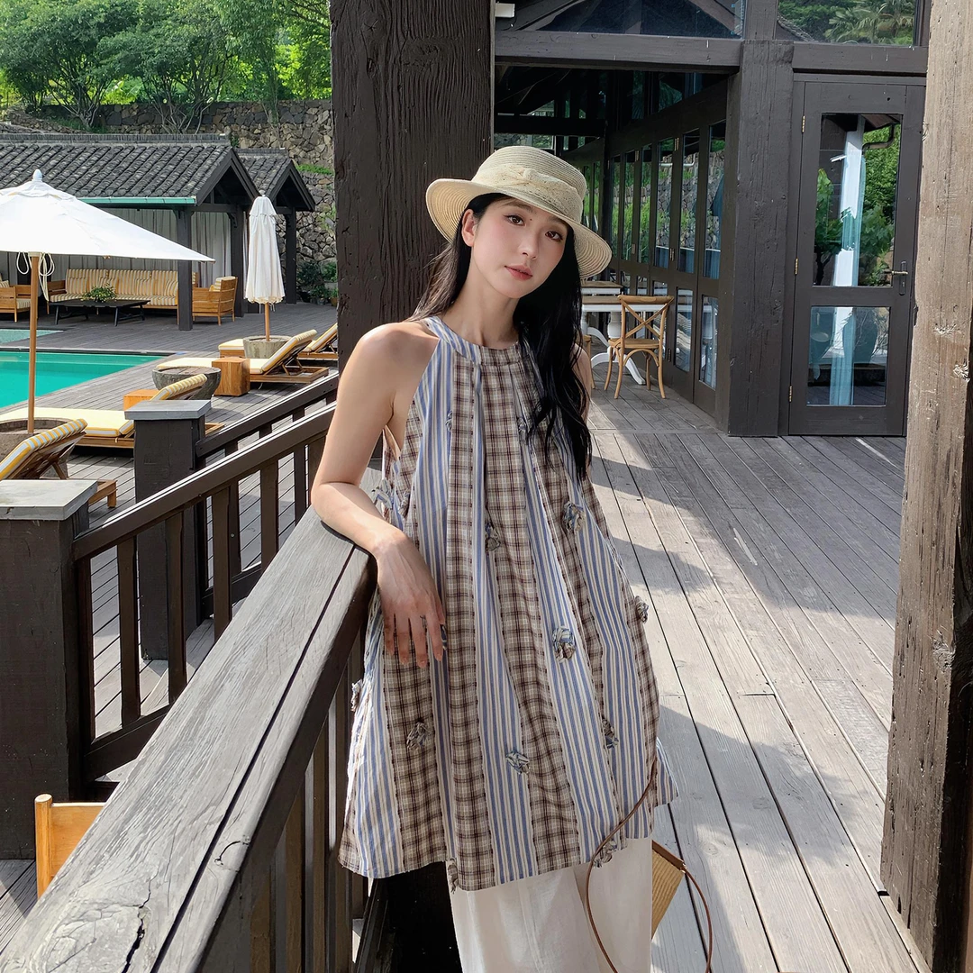 覆古宽松条纹印花短裙女夏季手工立体花洋装