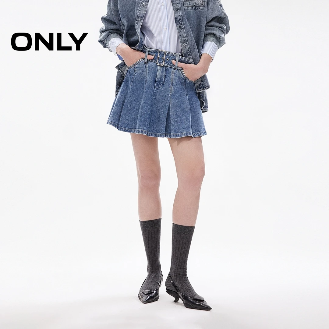 ONLY2025春季新款腰带装饰A字百褶短裙牛仔半身裙女|125137027